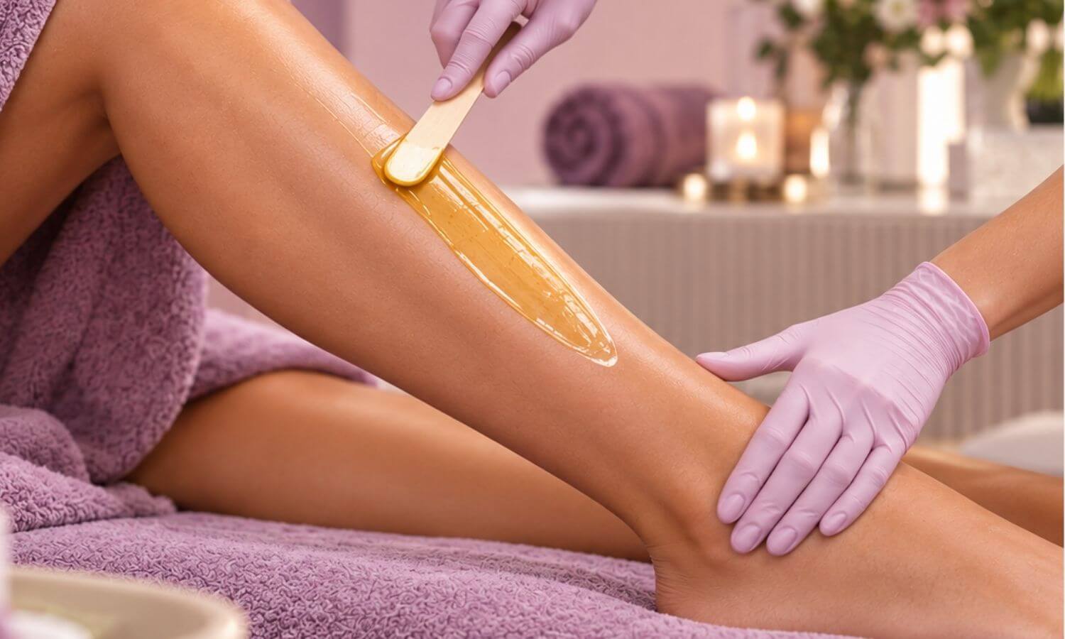 lower leg being waxed with spatula, purple gloves on therapist